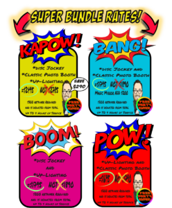 Behold the epic flyer unfurling before your eyes—a dazzling spectacle that presents the Super Bundle Rates for Michigan’s ultimate wedding DJ and photo booth rental services! Feast your senses on four electrifying packages: Kapow, Bang, Boom, and Pow—each crafted with extraordinary pricing and unique offerings to ensure your event is nothing short of legendary. Ignite the night with unmatched event lighting that transforms every gathering into an unforgettable adventure!. :The Event Heroes at Black Tie Productions