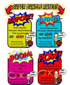 Behold the dazzling flyer, bursting with superhero flair, crafted by the mighty Event Heroes and the legendary Black Tie Productions! Unleash your inner superhero with our DJ and photo booth packages: KAPOW, BANG, BOOM, and POW. Explore a universe of prices and heroic savings or receive an instant price quote tailored to your extraordinary event. Assemble now for an unforgettable experience!. :The Event Heroes at Black Tie Productions