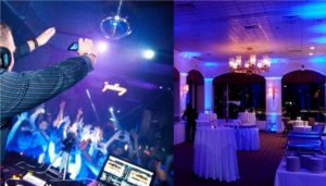 Panel One: A dynamic Michigan DJ stands as the maestro of merriment, orchestrating an electrifying symphony of sound. Under a canopy of vibrant blue and purple lights, an ecstatic crowd pulses with energy, their hands raised in unified celebration as if to touch the very sky. Panel Two: An elegant event hall awaits its moment, poised like a guardian ready for action. Tables are impeccably arranged under soft event lighting, casting a serene glow that hints at the transformation soon to come when this quiet setting bursts into life. :The Event Heroes at Black Tie Productions