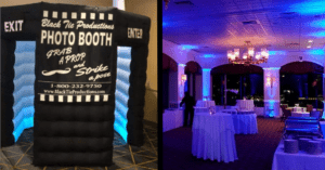 In the arena of celebration, an incredible black inflatable photo booth stands ready on the left like a fortress of nostalgia, guarding memories yet to be made. To the right, the event room unveils its magnificent domain: bathed in radiant blue light and adorned with round tables dressed in pristine white tablecloths. Above these gleams a legion of elegant chandeliers casting their shimmering glow. Here in this enchanting haven, moments are captured effortlessly with the help of a Michigan wedding DJ—a maestro offering instant quotes tailored to your unique desires—ensuring your epic event is nothing short of legendary!. :The Event Heroes at Black Tie Productions