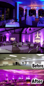 In a world where ordinary event spaces yearn for a touch of magic, behold the transformation delivered by the remarkable Black Tie Productions. Witness the thrilling saga of before and after, captured in three stunning images that showcase venues reborn with elegant decor and powerful purple lighting. These Event Heroes swoop in, armed with creativity and precision, to bring visions to life! Every detail is a vital piece of their grand masterpiece, ensuring that each experience is truly unforgettable. With their extraordinary powers, Black Tie Productions turns dreams into dazzling reality!. :The Event Heroes at Black Tie Productions