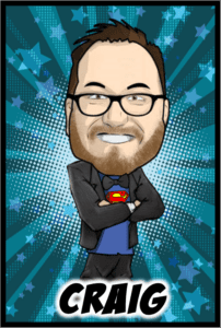 Black Tie Productions: A cartoon of a smiling man with glasses and a beard, crossing his arms. Hes sporting a black jacket over a blue Superman-logo shirt. The background bursts with stars and polka dots in shades of blue, adding party entertainment flair. CRAIG is boldly inscribed at the bottom in white letters. :Your Event Heroes