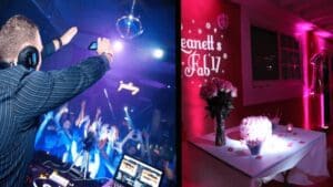 Black Tie Productions: A DJ wearing headphones energizes a lively crowd in a dark club, illuminated by vibrant blue and purple lights with a disco ball overhead. On the right, a pink-lit area features a table with a bouquet and cake under Jeanettes Fab 17 sign, reminiscent of stylish Michigan wedding entertainment. :Your Event Heroes