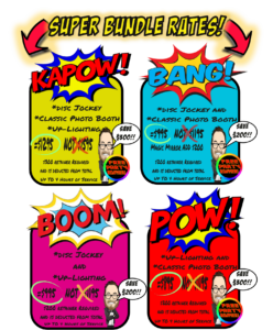 Unleash the Ultimate Wedding Adventure with Black Tie Productions! Prepare for a super wedding celebration that’s bound to be unforgettable! Introducing our *Heroic Bundle Rates* – combining the unbeatable powers of Michigans top-notch DJ services, captivating photo booths, and dynamic up-lighting magic. Watch out as your event transforms into a spectacle worthy of the comic realm with bold graphics shouting KAPOW!, BANG!, BOOM!, and POW!. Its more than just a party; its an *experience*. Channel your inner superhero and soar to new heights by getting an instant price quote today. With Black Tie Productions by your side, brace yourself for an adventure-filled day thats truly legendary!. :The Event Heroes at Black Tie Productions