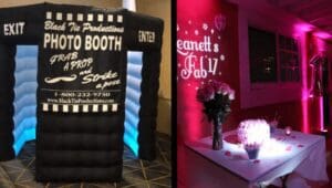 In a world where memories are immortalized, behold the mighty Photo Booth Rental from Black Tie Productions, standing valiantly beside a decorated table. Bathed in the glow of vibrant pink lighting and marked by a stylish sign heralding Jeanettes Fab 17, this dynamic duo enhances the festivities with unmatched flair. Their partnership with Michigans legendary wedding DJ weaves an unforgettable tapestry of sound and celebration, crafting an atmosphere powerful enough to make any party soar into legend!. :The Event Heroes at Black Tie Productions