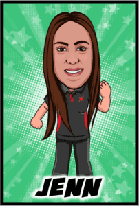 Behold the majestic illustration of our daring hero with flowing brown locks, exuding power and confidence. Clad in a striking black and red ensemble, they stand poised and ready for action. Against a vibrant green starburst backdrop, this image serves as the ultimate inspiration for event lighting or an electrifying addition to your photo booth rental theme. The name JENN blazes boldly below, marking their legendary presence!. :The Event Heroes at Black Tie Productions