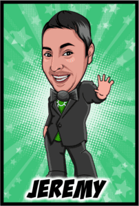 In the epic universe of Event Heroes, emerges a dazzling portrait: behold the suave figure of Jeremy the Jubilationist! Clad in his signature suit and charismatic bow tie, he waves confidently to his admirers, embodying charm and charisma. Against a celestial green backdrop sprinkled with stellar white stars, this lively image infuses any gathering with heroic joy. Ideal for transforming ordinary events into extraordinary adventures!. :The Event Heroes at Black Tie Productions