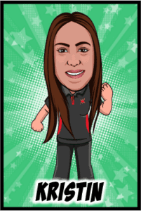 Behold Kristin, the dynamic superheroine with flowing cascades of chestnut hair and a dazzling smile that ignites hope! Cloaked in her midnight-hued ensemble, she stands poised with her fist thrust towards the heavens, ever-ready to leap into action and vanquish any threat. Her name blazes boldly against a radiant green starburst backdrop—a symbol of her commitment to justice and adventure. She is the quintessential champion for Event Heroes by Black Tie Productions!. :The Event Heroes at Black Tie Productions