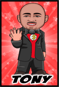 In the vibrant world of heroics, emerges a valiant figure—bold and dynamic, with a gleaming bald head that reflects the brilliance of his mission. Clad in an impeccably sharp suit adorned with a red tie, he proudly displays an emblem that electrifies the scene: a striking lightning bolt. With one hand raised high in a friendly wave, he stands against an explosive backdrop of red starburst energy—powerful and unyielding. At his feet lies the name TONY, emblazoned in bold letters that herald his presence. An ideal symbol for any gathering orchestrated by Event Heroes or immortalized through the magic lens of photo booth rentals!. :The Event Heroes at Black Tie Productions