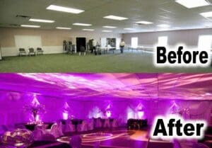 In the world of ordinary spaces, there stood a room—a mere shadow of its potential. Its sole adornments, a green carpet and folding chairs, whispered stories of untapped grandeur. But fear not, dear citizens, for Event Heroes have swooped in to save the day! With powers unparalleled, they transformed this humble chamber into an arena of epic celebration. Behold their marvel: majestic purple lighting dances across elegantly draped tables. This once-barren space now pulses with life and vibrancy, ready to host an unforgettable night alongside your Michigan wedding DJ—truly a scene fit for heroes!. :The Event Heroes at Black Tie Productions