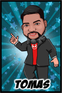 Amidst a cosmic backdrop of shimmering stars and explosive energy, a dynamic figure emerges—a superhero in a sleek tailored suit, exuding confidence and charisma. With one commanding finger pointed towards destiny, the name TOMAS blazes boldly beneath him. This is no ordinary champion; this is the Event Hero of Michigan! Prepare yourself for an electrifying night as our super DJ elevates your wedding celebration to legendary status!. :The Event Heroes at Black Tie Productions