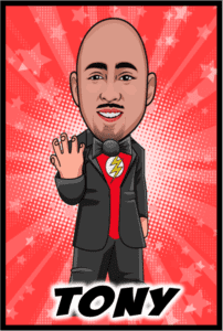 In the heart of Michigan, a superhero emerges—Tony, the Bald Dynamo! With the sheen of his bald head reflecting brilliance and a powerful beard signifying wisdom, he stands proudly. Draped in a suit that crackles with energy, a dazzling lightning bolt blazes across his chest—a symbol of his electrifying presence. Against the backdrop of a dynamic red starburst, Tony waves with heroic warmth and confidence, poised to illuminate any event or wedding with unparalleled charm and charisma. :The Event Heroes at Black Tie Productions