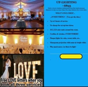 Black Tie Productions: Discover the perfect Michigan wedding entertainment with our venues uplighting services priced at $895 for up to 8 hours. Enjoy features like setup, 16 LED colors, monogram projection, and more. Enhance your celebration with a fun wedding DJ and capture moments at our wedding photo booth. :Your Event Heroes