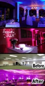 Black Tie Productions: Split image showcasing two event setups. Top section (before) features a simple indoor setup with tables, balloons, and soft lighting. Middle section shows an undecorated hall. Bottom section (after) unveils a lively transformation with vibrant pink lighting, drapes, party decor, and a fun wedding DJ in Michigan creating the perfect atmosphere. :Your Event Heroes
