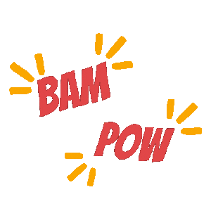 With explosive comic style text like BAM and POW bursting forth with vibrant energy, dynamic yellow action lines streak across a striking red backdrop. This electrifying image captures the thrilling essence of an Event Heroes adventure, leaping right off the page!. :The Event Heroes at Black Tie Productions