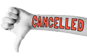 Behold the mighty forearm, branded with a resounding gesture of disapproval—a thumbs-down blazoned with blazing bold CANCELLED in crimson letters. This mark stands as a warning, much like the signal that halts the merriment in photo booths when rules are breached. Justice served, one thumbs-down at a time!. :The Event Heroes at Black Tie Productions