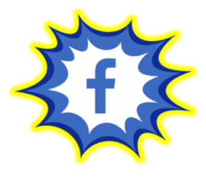 Behold! The emblem of unity and connection—a mighty Blue Facebook logo—shining brilliantly against a dynamic white and blue starburst backdrop, encircled with a vibrant yellow outline. This symbol stands ready to empower your Event Heroes, illuminating their path with unparalleled communication prowess!. :The Event Heroes at Black Tie Productions