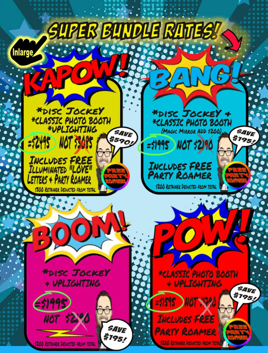 🎉🦸♂️ ATTENTION, PARTY PATRONS! 🎶🎵 Dive into the electrifying world of EVENT HEROES with our vibrant comic-themed extravaganza! Brace yourselves for an action-packed adventure, featuring dynamic disc jockeys and dazzling photo booth rental bundles, guaranteed to transform any gathering into an unforgettable epic! 🌟 Unleash spectacular party powers with our Party Roamer — equipped with FOUR unique packages: KAPOW, BANG, BOOM, and POW! Each one crafted to deliver a powerful punch of energy and fun! 🚀 This sensational experience is brought to you by the masterminds at BLACK TIE PRODUCTIONS — your ultimate allies in crafting legendary events that will echo through the ages! 🌟 Prepare for a night of heroic proportions! 💥✨. :The Event Heroes at Black Tie Productions