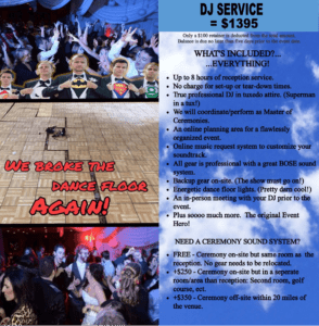 Unleash the power of unparalleled entertainment with Event Heroes DJ service, all for the heroic price of just $1395! Dive into endless hours of musical mastery enhanced by state-of-the-art equipment and dynamic dance floor lights that would make even villains boogie. Our expert Master of Ceremonies will energize your event, ensuring its an electrifying triumph! Get your instant price quote today and supercharge your celebration with our optional ceremony sound system for $250+. Elevate your event to legendary status with Event Heroes!. :The Event Heroes at Black Tie Productions