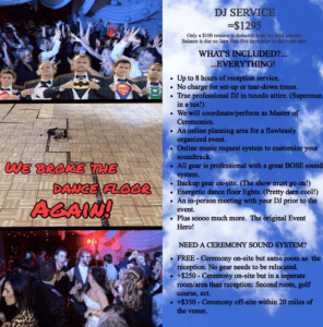 Black Tie Productions: A group of men in superhero T-shirts stands in a line at the top, donning tuxedos with red Superman-trimmed undershirts. Below, discover a fun wedding DJ package for $1295, offering coordination, online planning, and professional sound. Explore Michigan wedding entertainment and photo booth options. :Your Event Heroes
