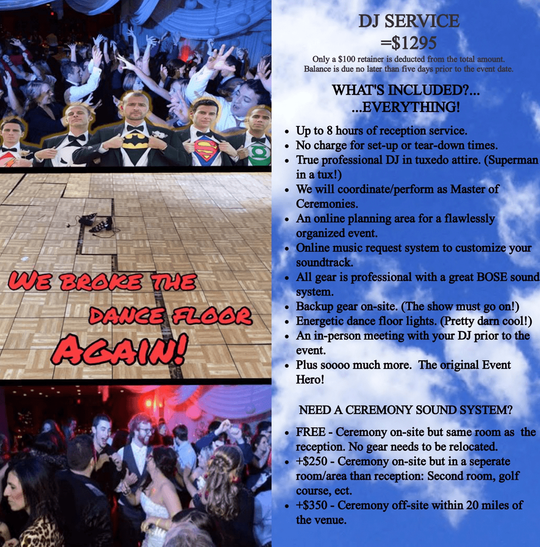 Black Tie Productions: A group of men in superhero T-shirts stands in a line at the top, donning tuxedos with red Superman-trimmed undershirts. Below, discover a fun wedding DJ package for $1295, offering coordination, online planning, and professional sound. Explore Michigan wedding entertainment and photo booth options. :Your Event Heroes