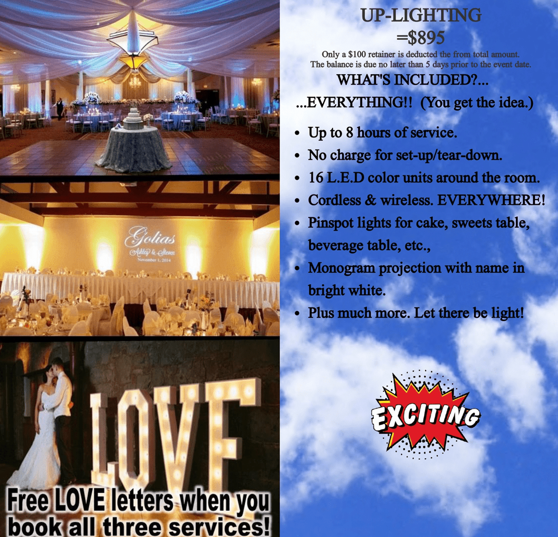 Black Tie Productions is here to revolutionize your wedding reception with the power of elegance and light! With our dazzling event illumination, we will craft an atmosphere as heroic as your love story. Behold decorative LED lights, a striking LOVE sign, and table arrangements that are nothing short of extraordinary. Prepare for an instant price quote on services like setup and monogram projection as we forge an unforgettable ambiance worthy of legends!. :The Event Heroes at Black Tie Productions