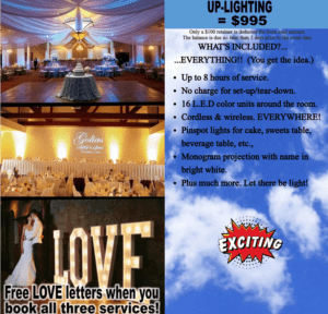 Unleash the power and grace of Black Tie Productions! Transform your venue into a dazzling spectacle with our ultimate wedding venue up-lighting service, now yours for just $995. Elevate your event to legendary status and unlock complimentary LOVE letters when you book three mighty services. Summon us today for your instant price quote and light up your special day in super style!. :The Event Heroes at Black Tie Productions