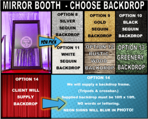 Unleash the power of epic backdrops for your mirror booth rental with Event Heroes! Dive into a universe of dazzling choices, from shimmering silver and sleek black to golden sequins worthy of a superhero gala. Embrace the purity of white, the warmth of rustic wood, or the vibrant energy of greenery to elevate your event from ordinary to extraordinary! And fear not, for we also wield the flexibility to incorporate client-supplied options that perfectly align with your theme. Perfect for events yearning for that extraordinary sparkle and flair that only true heroes can provide!. :The Event Heroes at Black Tie Productions