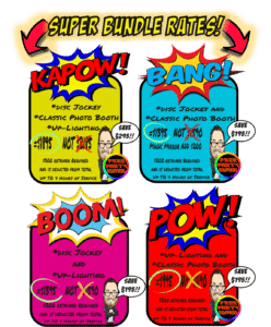 Introducing the Event Heroes, your one-stop-shop for epic graphic event packages with a comic-book twist! Our supercharged services include disc jockeys that drop beats more powerful than Thors hammer and photo booth rentals that capture memories faster than a speeding bullet. Watch as each service springs to life in vibrant panels, emblazoned with action-packed words like Kapow, Bang, Boom, and Pow. Whether its a wedding, birthday bash, or corporate gala, we bring the POW to the party! Perfect for transforming any occasion into an extraordinary adventure!. :The Event Heroes at Black Tie Productions