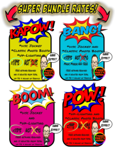 Behold, the mighty flyer bursts onto the scene with a heroic offering of four power-packed service bundles: Kapow, Bang, Boom, and Pow! Each dynamic package unleashes the sonic mastery of a professional DJ and captures unforgettable moments with a top-tier photo booth rental courtesy of Black Tie Productions. Prices and savings soar through comic-style graphics, crafted to elevate your event to superhero status with an epic Michigan wedding DJ experience!. :The Event Heroes at Black Tie Productions