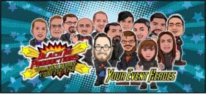 Introducing a vibrant cartoon illustration showcasing a dynamic lineup of superheroes, donned in eye-catching costumes, ready to save the day! Accompanying this thrilling image is the bold declaration: Black Tie Productions: Your Event Heroes! Need an instant price quote? Dont hesitate—reach out to our hero hotline today at the number provided!. :The Event Heroes at Black Tie Productions