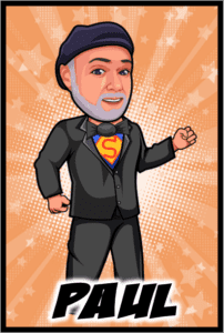 Amidst a backdrop of blazing starbursts, a dashing figure emerges, exuding an aura of spectacular flair. Behold the cartoon visage: a suave man clad in a sharp suit, his jacket slightly parted to reveal the emblematic S gleaming from beneath—symbolizing his extraordinary talents. With an artful beret atop his head and an enigmatic smile curling at the corners of his lips, he stands poised for action. Below him, emblazoned in bold letters that echo through the night, is a name destined to resonate with harmonious revelry: PAUL. This is no ordinary Michigan wedding; this is where our formidable DJ hero steps forth to transform the gathering into an unforgettable symphony of joy and jubilation!. :The Event Heroes at Black Tie Productions