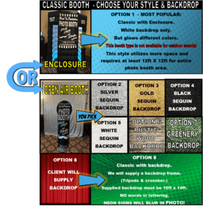 Unleash the power of memories with Black Tie Productions Photo Booth Rentals! Transform your event into a legendary gathering by choosing from our Classic Enclosure or Open Air styles, each offering an array of heroic backdrop choices. Elevate the adventure by customizing with your own backdrop—just beware, neon signs may dim the vividness of your epic captures. Choose wisely and let the magic unfold!. :The Event Heroes at Black Tie Productions