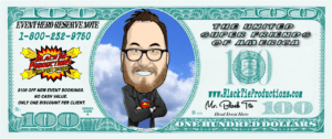 Amidst a whirlwind of color and action, the heroic Dollar Bill springs to life, emblazoned with the striking likeness of a bespectacled champion of festivities. This valiant currency brandishes bold proclamations as it heralds the legendary services of Black Tie Productions and the esteemed Event Hero Reserve Note. Whether youre planning your epic Michigan wedding or seeking justice in the form of unforgettable photo booth memories, this mighty note offers instantaneous price revelations to save your day with style and flair!. :The Event Heroes at Black Tie Productions