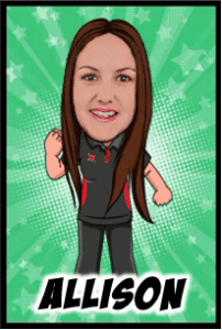 In the heart of the vibrant universe, a force emerges—an extraordinary figure with shimmering long brown hair and a sleek black outfit that whispers of shadows and speed. Her face embodies determination and grace, the essence of heroism cast upon her features. She stands proud, confident against a backdrop that pulses with energy—a radiant green starburst that glows like a beacon. Below this dazzling spectacle is her name: Allison, emblazoned in bold letters, capturing the spirit and sparkle of an Event Hero ready to conquer any challenge with unparalleled might. :The Event Heroes at Black Tie Productions