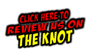 Black Tie Productions: Dynamic, bold text encourages you to CLICK HERE TO REVIEW US ON THE KNOT, with CLICK HERE TO and THE KNOT in striking red letters shadowed in black. The phrase REVIEW US ON is larger and in eye-catching yellow, also shadowed in black. Discover fun wedding DJ services and wedding uplighting for top Michigan wedding entertainment. :Your Event Heroes