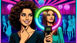 In the dazzling realm of midnight magic, two heroines stand proudly in the kaleidoscopic heart of a vibrant nightclub. Clutching the mystical, ring-shaped device known as The Portal, they prepare to unleash its power. The heroine on the left beams with a playful grin, her finger resting thoughtfully on her cheek, while her counterpart gazes confidently ahead, ready to embrace destiny. All around them, shimmering disco balls and radiant lights paint an enchanting tapestry in the air—a perfect battlefield for an unforgettable adventure with Event Heroes or their legendary photo booth rental that transforms mere moments into timeless memories. :The Event Heroes at Black Tie Productions