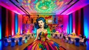 Amidst the hustle and bustle of everyday life, lies a vibrant fortress of imagination—a pop art-inspired lair bursting with color and creativity. Beneath the glow of dynamic event lighting stands a colossal mural of a smiling heroine clad in a multicolored dress, her vibrant presence empowering all who gather below. Tables are strategically placed across this hallowed space, each paired with pristine white chairs, ready to host celebrations big and small. And for those planning their epic event with precision and speed? An instant price quote swoops in like our trusty sidekick, ensuring every detail aligns effortlessly. :The Event Heroes at Black Tie Productions
