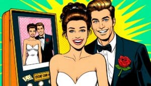 In a dazzling display of love and light, our dynamic duo—the bride and groom—stand triumphant before the iconic retro photo booth. Their wedding attire, imbued with a radiant glow, shines bright enough to rival any supernova under the events kaleidoscope lighting. Behind them, a riot of vibrant colors explodes across the canvas like a comic book action scene come to life. With faces beaming brighter than any superhero emblem, they are poised for their next big adventure: a lifetime united in heroic harmony!. :The Event Heroes at Black Tie Productions