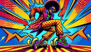 Amidst a whirlwind of vibrant energy, an electrifying hero commands the dance floor in an explosion of colorful, patterned attire and sleek sunglasses. Surrounded by dynamic bursts of blue, yellow, and red, this pop art spectacle is a force of style and charisma. Unleash the power of flair at your event with Black Tie Productions cutting-edge photo booth rental—a portal to unleash your inner superhero!. :The Event Heroes at Black Tie Productions