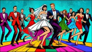 In the heart of an epic celebration, this pop art masterpiece springs to life, immortalizing the dazzling energy of a wedding like no other. In this scene of jubilant triumph, our iconic Bride and Groom stand as the dynamic duo at the center stage, flanked by their league of joyous guests. With every step they take on the rainbow-hued dance floor—a kaleidoscope brimming with vibrant colors—they radiate pure excitement. The heroic beats spun by Michigans finest DJs electrify the air with an energetic charge that transforms this event into a legendary celebration destined to echo through time!. :The Event Heroes at Black Tie Productions