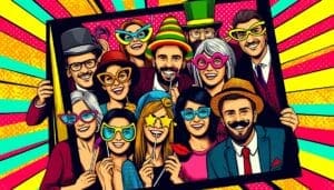 In the world of celebration, where joy beams as brightly as the sun, a league of cartoon-crafted champions assembles within a colossal ebony frame. Clad in their vivacious costumes, adorned with flamboyant hats and dynamic glasses, these spirited heroes radiate a kaleidoscope of colors against the vibrant backdrop. Their jubilant aura mirrors the electrifying essence of Black Tie Productions—a powerhouse fit for every Michigan wedding DJ occasion. Led by the legendary Event Heroes, they stand ready to transform any gathering into an epic saga of unforgettable moments!. :The Event Heroes at Black Tie Productions