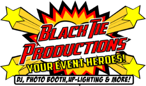 Comic-Style Graphic: ๐ *BOOM!* ๐ BLACK TIE PRODUCTIONS ๐ Your Event Heroes! ๐ Unleashing the Power of Michigans Finest: ๐ค *Epic Wedding DJ Services!* ๐ธ *Dynamic Photo Booth Rentals!* ๐ก *Illuminating Up-lighting & Beyond!* ๐ก *With a Star-studded, Explosive Backdrop!*. :The Event Heroes at Black Tie Productions