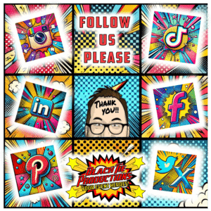 Next panel: Follow Us Please! Edged with a heroic flair, these words call out like the rallying cry of justice, as if each letter were crafted in the forge of destiny itself. Panel Three: Bathed in a spotlight, Event Heroes stands proudly. This is Black Tie Productions—your premier Michigan wedding DJ service—ready to save your special day from musical mediocrity! Final panel: Epic backgrounds swirl around each icon—Instagram bathed in magenta mist, TikTok swirling with electric energy, LinkedIn shining with corporate prestige, Facebook framed by friendly forces, Pinterest sprinkled with creative stardust, and Twitter enveloped by swift winds of timely updates. Join the league. Embrace the party powers!. :The Event Heroes at Black Tie Productions