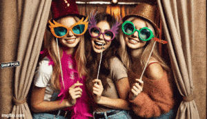 In the dynamic lair of jubilant camaraderie, three masked marvels don their oversized spectacles and heroic headgear, wielding props of whimsy as they strike a pose in their secret photo booth setting. Against the curtain backdrop, this snapshot captures their inherent playfulness—an essence magnified by the dazzling lights of the festivities that illuminate their elated expressions with radiant brilliance. :The Event Heroes at Black Tie Productions