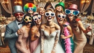 In the grand hall of celebration, where elegance meets adventure, our dazzling heroine—the bride—stands at the center of a magnificent gathering. Clad in her radiant gown of valor, she is surrounded by her band of noble allies, all decked out in their formal crystalline armor courtesy of Black Tie Productions. Together they strike legendary poses; with whimsical sunglasses and playful props as their weapons of choice, they transform an ordinary wedding reception into a realm of joyous triumph!. :The Event Heroes at Black Tie Productions