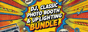 In a world where weddings need a heroic touch, behold the electrifying comic-style graphic that bursts onto the scene: Introducing the ultimate DJ, Classic Photo Booth & Up Lighting Bundle! With dazzling illustrations of a boombox and microphone, this powerhouse package is ready to save your Michigan wedding. Brought to you by the legendary Black Tie Productions, your day will be one for the history books!. :The Event Heroes at Black Tie Productions