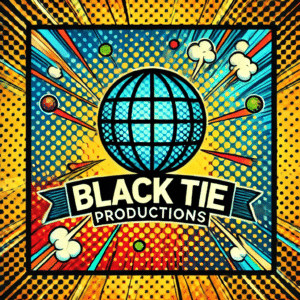 Panel 1: A dynamic, comic-style illustration of the Earth, bursting with electric energy and vibrant colors. The globe pulses as if a powerful force emanates from its core. Panel 2: In front of this dazzling scene, a dramatic banner unfurls in bold letters: Black Tie Productions! Caption (Comic-style speech bubble): Masters of Illumination and Sonic Celebrations! Subtext (on an elegant ribbon below): *Experts in crafting mesmerizing event lighting—plus, unparalleled Michigan wedding DJ entertainment to electrify your special moments!*. :The Event Heroes at Black Tie Productions