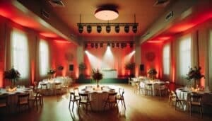 In the grand hall of gatherings, where heroes unite, the scene is set with round tables ready for a feast, illuminated by an ambient red glow that casts an aura of elegance. Towering floral centerpieces stand like proud sentinels amidst the grandeur, while the stage awaits its moment in the spotlight beneath cascading drapes. Unleash the power of Event Heroes to elevate your event with legendary lighting and unparalleled services, forging an experience that will be etched into memory for all time. :The Event Heroes at Black Tie Productions