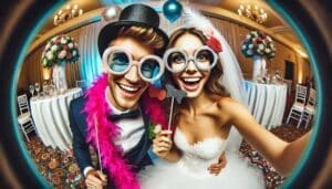 In the heart of an elegantly adorned wedding venue, the bride and groom stand as champions of love, their oversized glasses and playful props their superhero costume for the day. Beneath the glow of Black Tie Productions masterful lighting, which crafts an atmosphere nothing short of magical, they prepare to launch into a celebration that promises to be unforgettable—a legendary tale written in joy and laughter. :The Event Heroes at Black Tie Productions